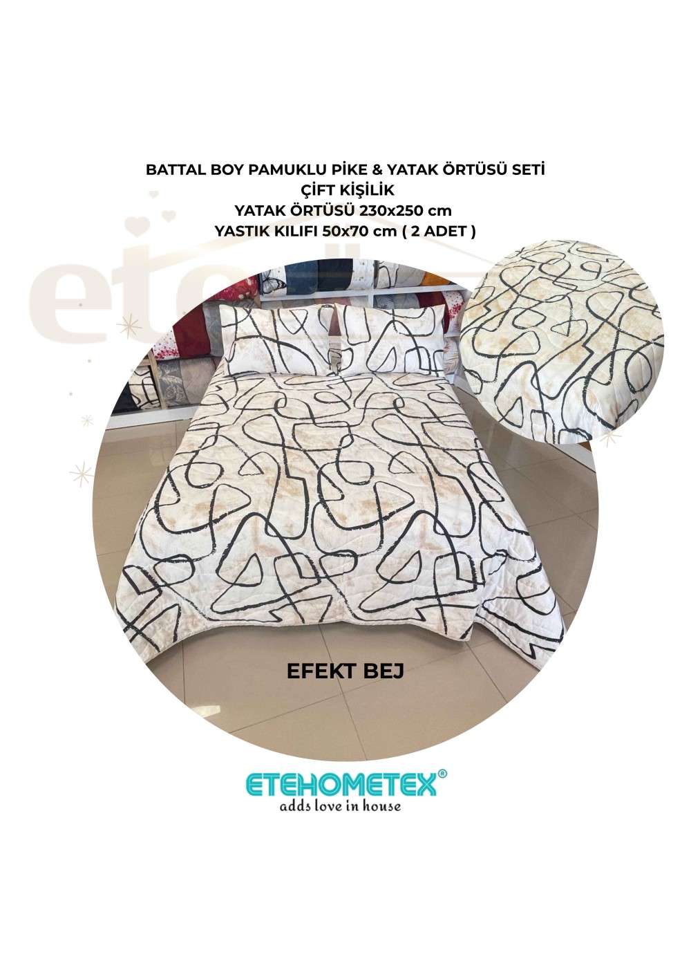 ETEHOMETEX Battal Boy Pamuklu Kapitoneli Yatak Örtüsü Seti EFEKT BEJ 8696474232095